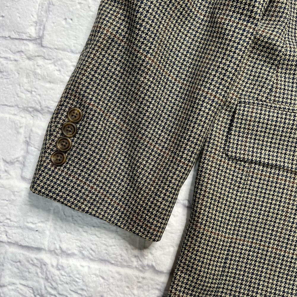Chaps Ralph Lauren Mens Tan Navy Blue Houndstooth Blazer Size 44R Wool Silk - Picture 2 of 5